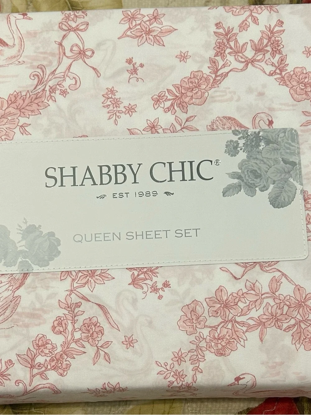 Shabby Chic Queen Sheet Set Pink White Swan Toile Floral 4 Piece Microfiber NEW